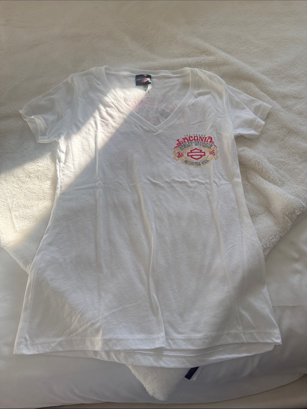 Harley-Davidson White Short Sleeve V-Neck Tee with Red & Gold Laconia Graphic
